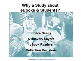 Why a Study about 
eBooks & Students? 
Space Needs 
Discovery Layers 
eBook Readers 
Collection Decisions 
Image Source: http://www.mcccvoice.org/ebooks/ 
 