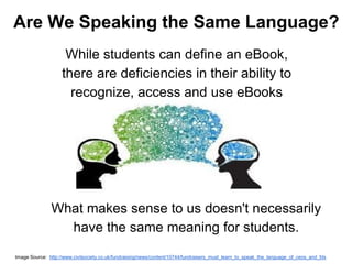 Are We Speaking the Same Language? 
While students can define an eBook, 
there are deficiencies in their ability to 
recognize, access and use eBooks 
What makes sense to us doesn't necessarily 
have the same meaning for students. 
Image Source: http://www.civilsociety.co.uk/fundraising/news/content/10744/fundraisers_must_learn_to_speak_the_language_of_ceos_and_fds 
 