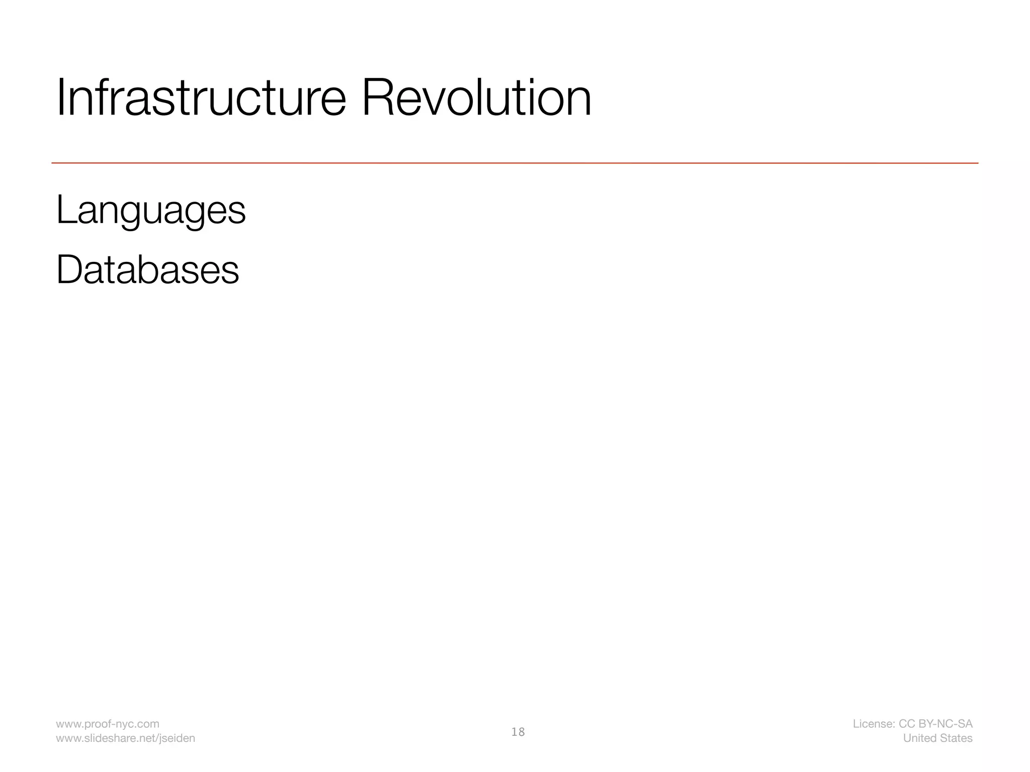 Infrastructure Revolution

Languages
Databases




www.proof-nyc.com                 License: CC BY-NC-SA
                             18
www.slideshare.net/jseiden                  United States
 