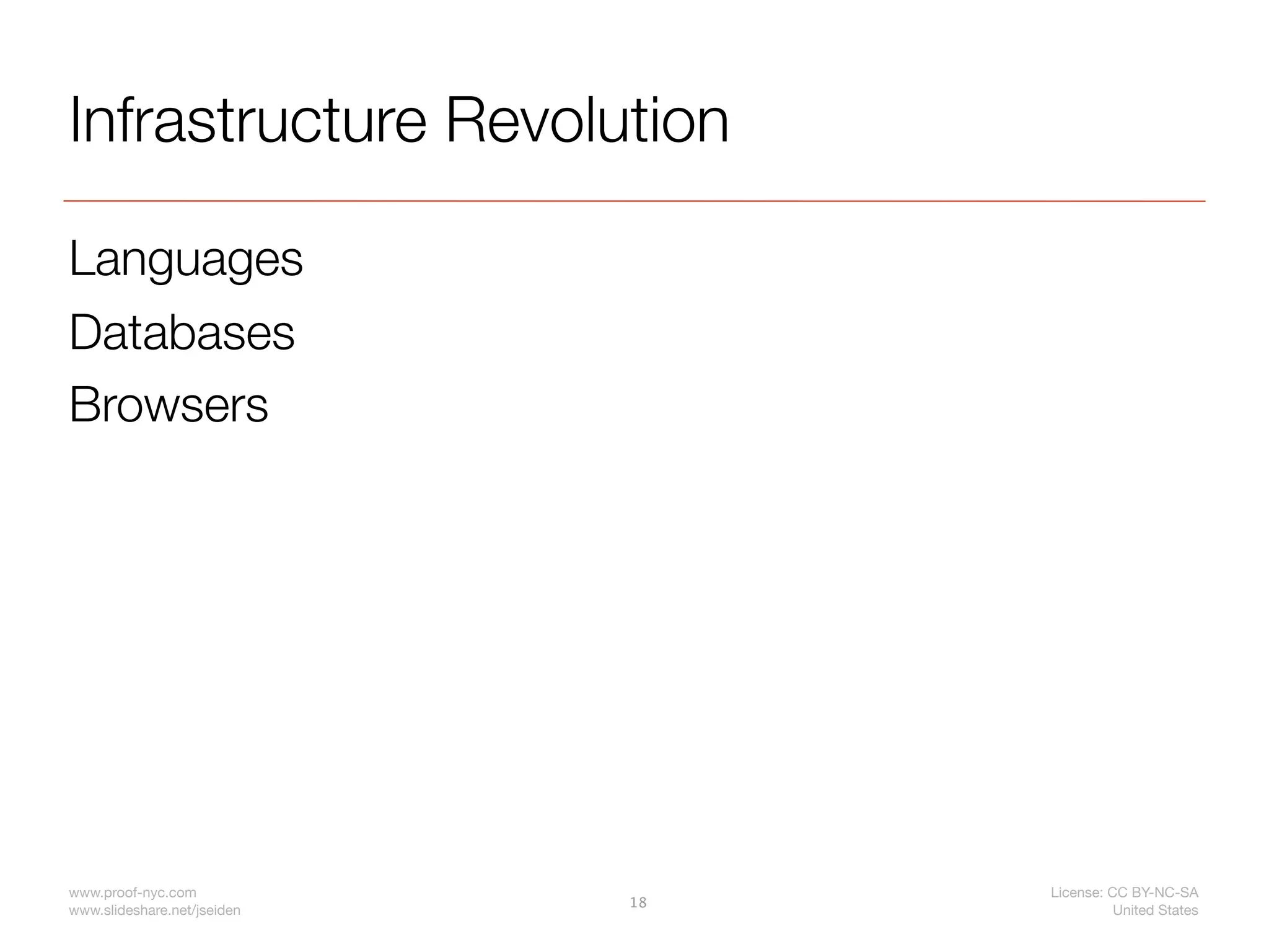 Infrastructure Revolution

Languages
Databases
Browsers




www.proof-nyc.com                 License: CC BY-NC-SA
                             18
www.slideshare.net/jseiden                  United States
 