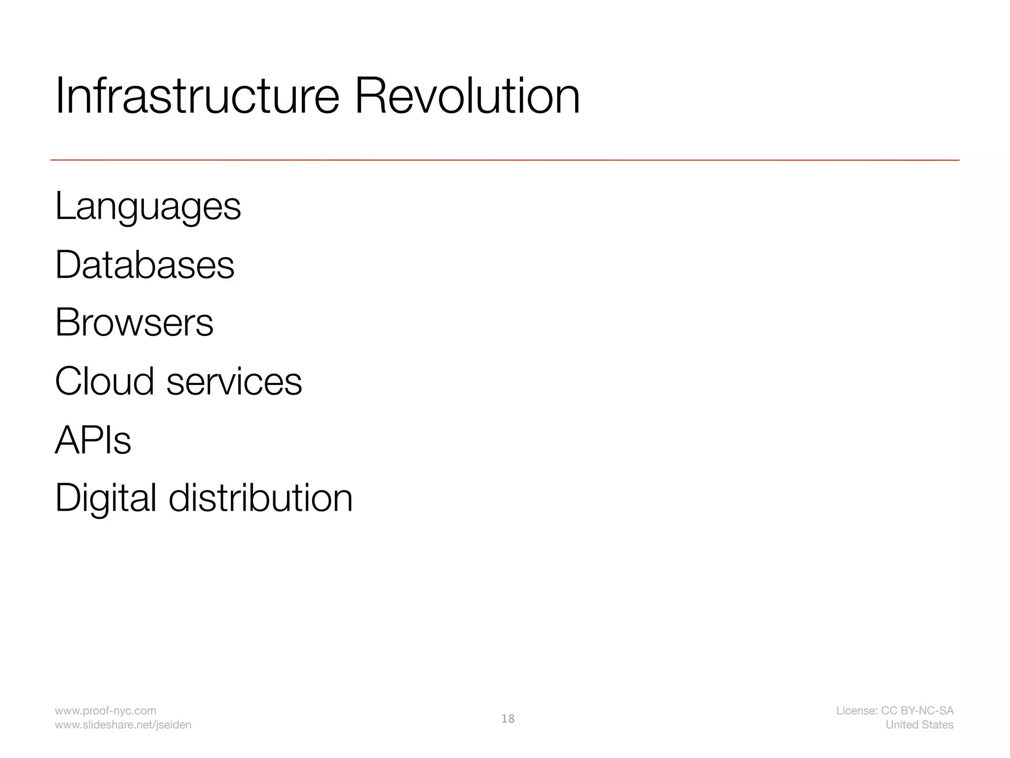 Infrastructure Revolution

Languages
Databases
Browsers
Cloud services
APIs
Digital distribution




www.proof-nyc.com                 License: CC BY-NC-SA
                             18
www.slideshare.net/jseiden                  United States
 