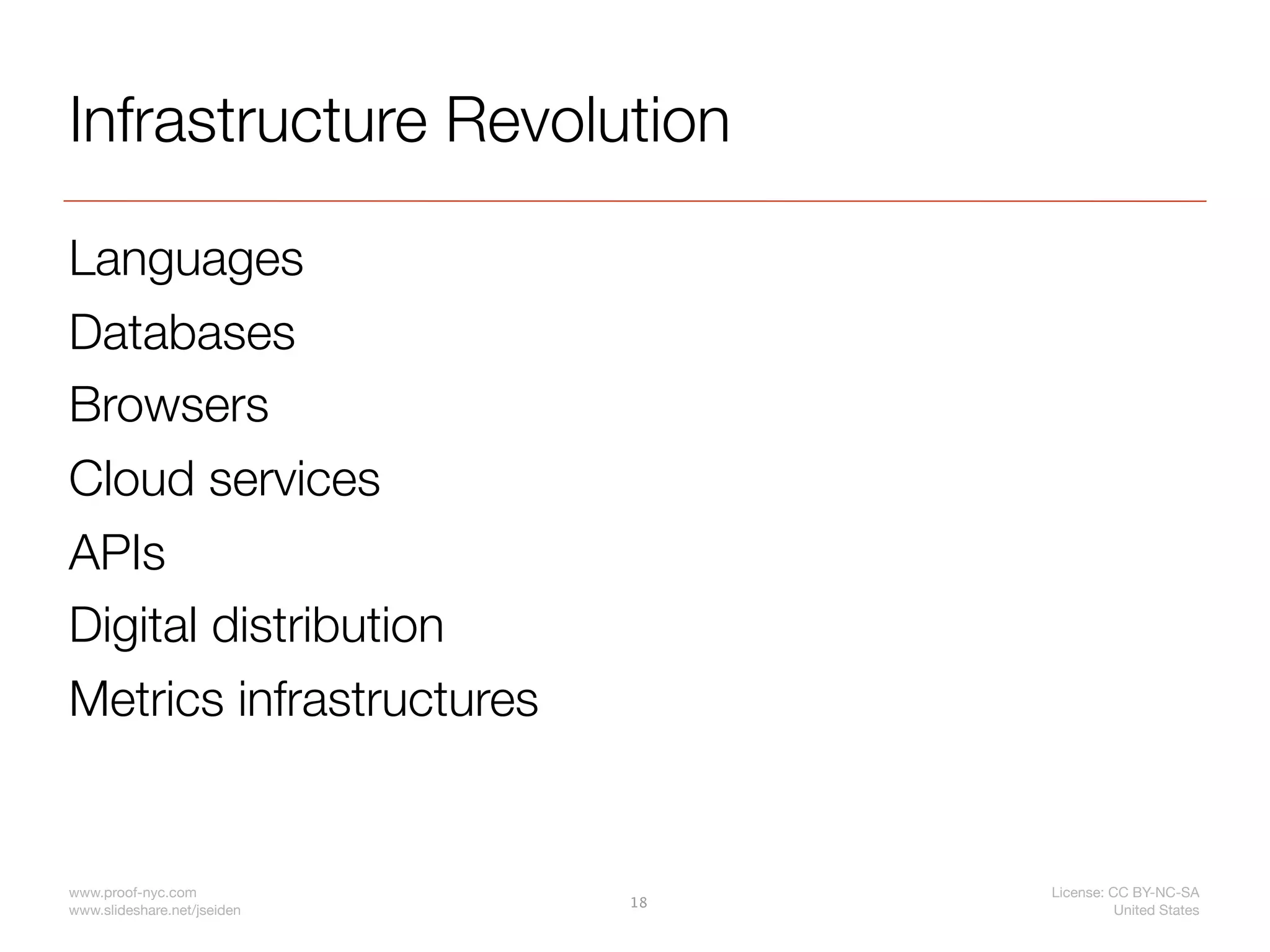 Infrastructure Revolution

Languages
Databases
Browsers
Cloud services
APIs
Digital distribution
Metrics infrastructures


www.proof-nyc.com                 License: CC BY-NC-SA
                             18
www.slideshare.net/jseiden                  United States
 
