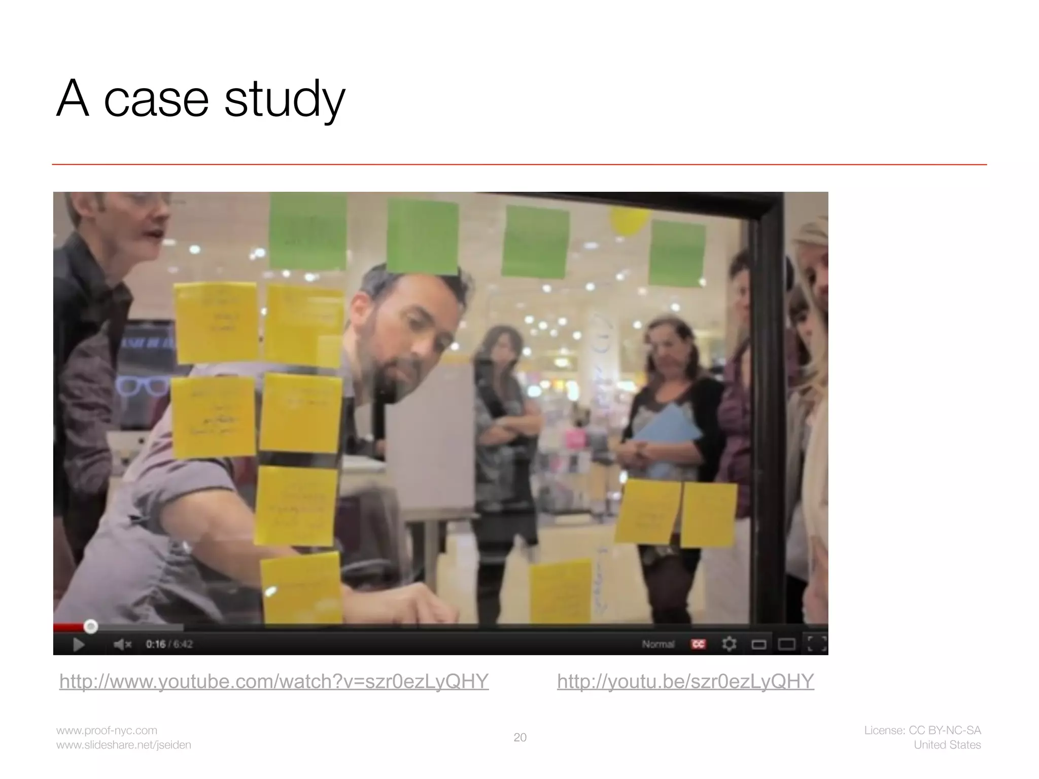 A case study




http://www.youtube.com/watch?v=szr0ezLyQHY        http://youtu.be/szr0ezLyQHY

www.proof-nyc.com                                                               License: CC BY-NC-SA
                                             20
www.slideshare.net/jseiden                                                                United States
 