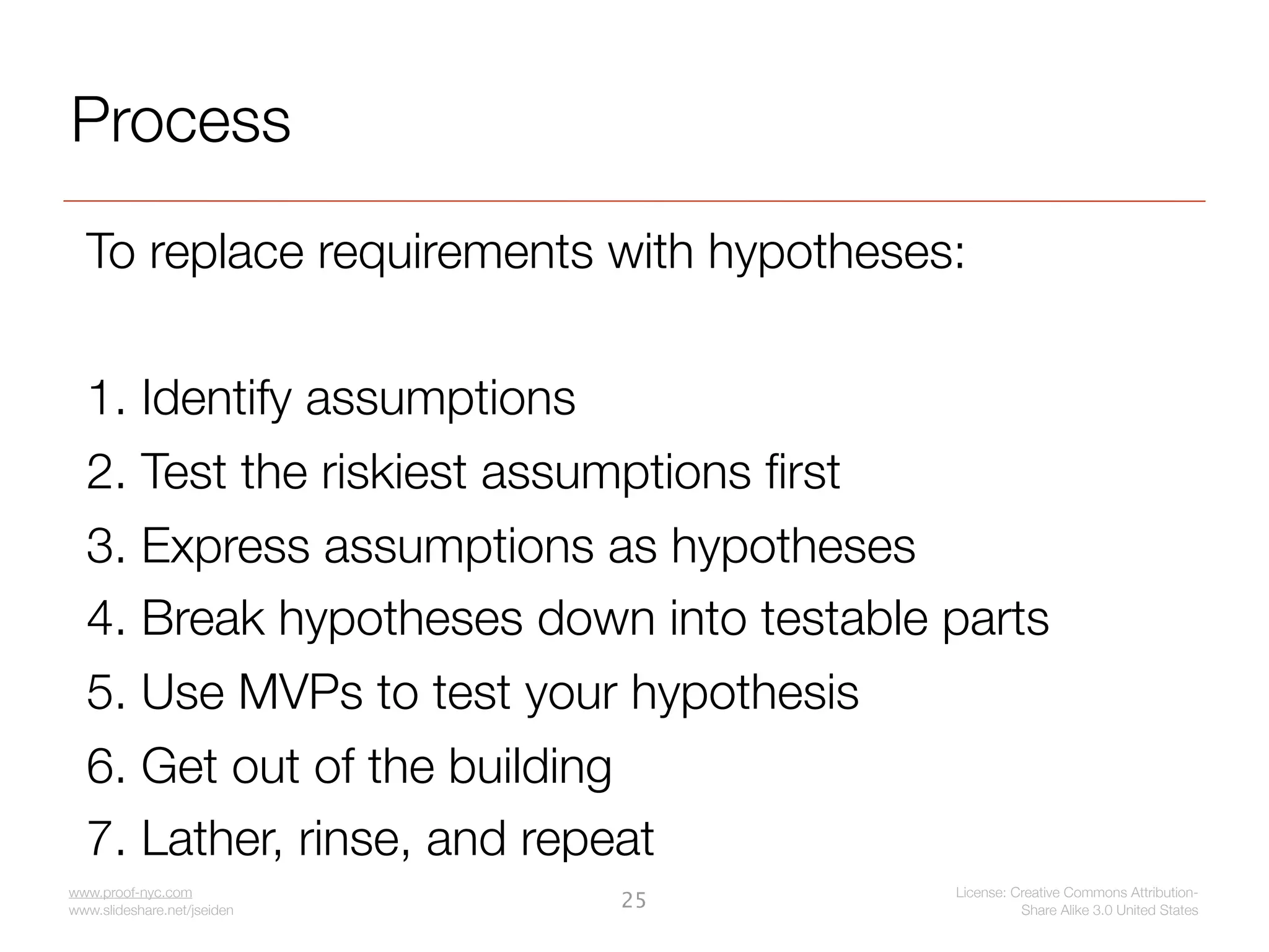 Process
  To replace requirements with hypotheses:

  1. Identify assumptions
  2. Test the riskiest assumptions ﬁrst
  3. Express assumptions as hypotheses
  4. Break hypotheses down into testable parts
  5. Use MVPs to test your hypothesis
  6. Get out of the building
  7. Lather, rinse, and repeat
www.proof-nyc.com                        License: Creative Commons Attribution-
www.slideshare.net/jseiden
                             25                    Share Alike 3.0 United States
 