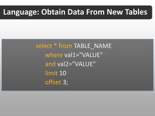 Language: Sample Github Issues Table


  create table github.issues
      on select get from "https://github.com/api/v2/json/
                          issues/list/{user}/{repository}/
                          {state}/"
      using defaults state="open";
 