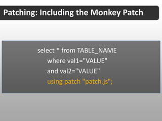 Topics We’ll Be Covering

        Overview of ql.io

        Language Specifications

        Monkey Patching & Enhancements

        Integrating Into Your Node Applications

        Tools and More
 