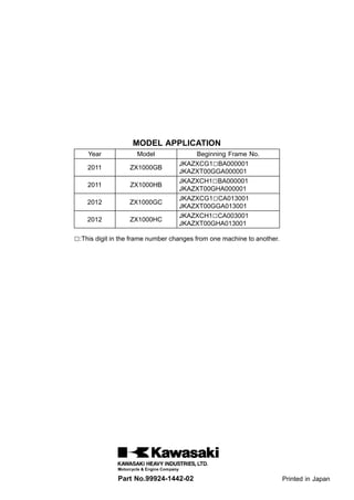 MODEL APPLICATION
Year Model Beginning Frame No.
2011 ZX1000GB
JKAZXCG1□BA000001
JKAZXT00GGA000001
2011 ZX1000HB
JKAZXCH1□BA000001
JKAZXT00GHA000001
2012 ZX1000GC
JKAZXCG1□CA013001
JKAZXT00GGA013001
2012 ZX1000HC
JKAZXCH1□CA003001
JKAZXT00GHA013001
□:This digit in the frame number changes from one machine to another.
Part No.99924-1442-02 Printed in Japan
 
