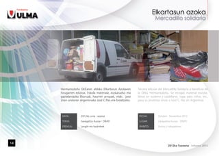 Hermansoloña GKEaren aldeko Elkartasun Azokaren        Tercera edición del Mercadillo Solidario a beneficio de
     hirugarren edizioa. Eskola materiala, euskarazko eta   la ONG Hermansoloña. Se recogió material escolar,
     gaztelaniazko liburuak, haurren arropak, etab. jaso    libros en euskera y castellano, ropa para niños, etc.
     ziren ondoren Argentinako José C.Paz-era bidaltzeko.   para su posterior envío a José C. Paz en Argentina.




      DATA:         2012ko urria - azaroa                    FECHA:        Octubre - Noviembre 2012

      TOKIA:        Garagaltza Auzoa - OÑATI                 LUGAR:        Garagaltza Auzoa - OÑATI

      EREMUA:       Langile eta bazkideak                    ÁMBITO:       Socios y trabajadores




14
                                                                                    2012ko Txostena - Informe 2012
 