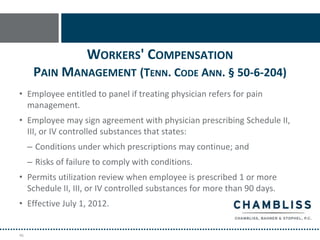 WORKERS' COMPENSATION
      PAIN MANAGEMENT (TENN. CODE ANN. § 50-6-204)
• Employee entitled to panel if treating physician refers for pain
  management.
• Employee may sign agreement with physician prescribing Schedule II,
  III, or IV controlled substances that states:
     – Conditions under which prescriptions may continue; and
     – Risks of failure to comply with conditions.
• Permits utilization review when employee is prescribed 1 or more
  Schedule II, III, or IV controlled substances for more than 90 days.
• Effective July 1, 2012.


46
 