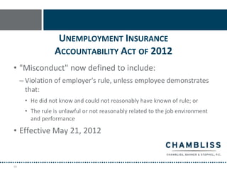 UNEMPLOYMENT INSURANCE
                 ACCOUNTABILITY ACT OF 2012
• "Misconduct" now defined to include:
     – Violation of employer's rule, unless employee demonstrates
       that:
      • He did not know and could not reasonably have known of rule; or
      • The rule is unlawful or not reasonably related to the job environment
        and performance

• Effective May 21, 2012


49
 