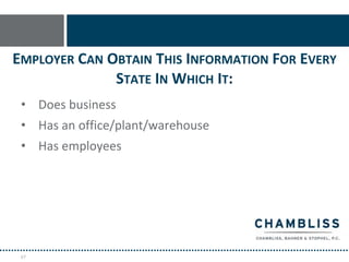 EMPLOYER CAN OBTAIN THIS INFORMATION FOR EVERY
              STATE IN WHICH IT:
 • Does business
 • Has an office/plant/warehouse
 • Has employees




 67
 