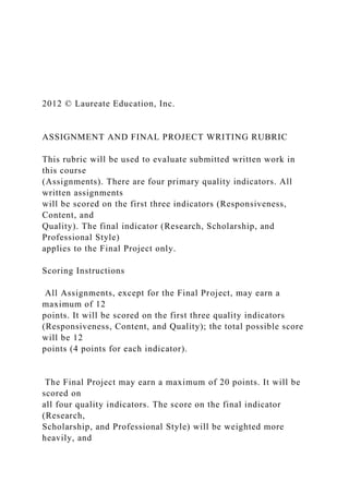 2012 © Laureate Education, Inc.
ASSIGNMENT AND FINAL PROJECT WRITING RUBRIC
This rubric will be used to evaluate submitted written work in
this course
(Assignments). There are four primary quality indicators. All
written assignments
will be scored on the first three indicators (Responsiveness,
Content, and
Quality). The final indicator (Research, Scholarship, and
Professional Style)
applies to the Final Project only.
Scoring Instructions
All Assignments, except for the Final Project, may earn a
maximum of 12
points. It will be scored on the first three quality indicators
(Responsiveness, Content, and Quality); the total possible score
will be 12
points (4 points for each indicator).
The Final Project may earn a maximum of 20 points. It will be
scored on
all four quality indicators. The score on the final indicator
(Research,
Scholarship, and Professional Style) will be weighted more
heavily, and
 