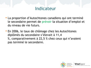 Indicateur
• La proportion d’Autochtones canadiens qui ont terminé
 le secondaire permet de prévoir la situation d’emploi et
 du niveau de vie futurs.
• En 2006, le taux de chômage chez les Autochtones
 diplômés du secondaire s’élevait à 11,4
 %, comparativement à 22,5 % chez ceux qui n’avaient
 pas terminé le secondaire.
 