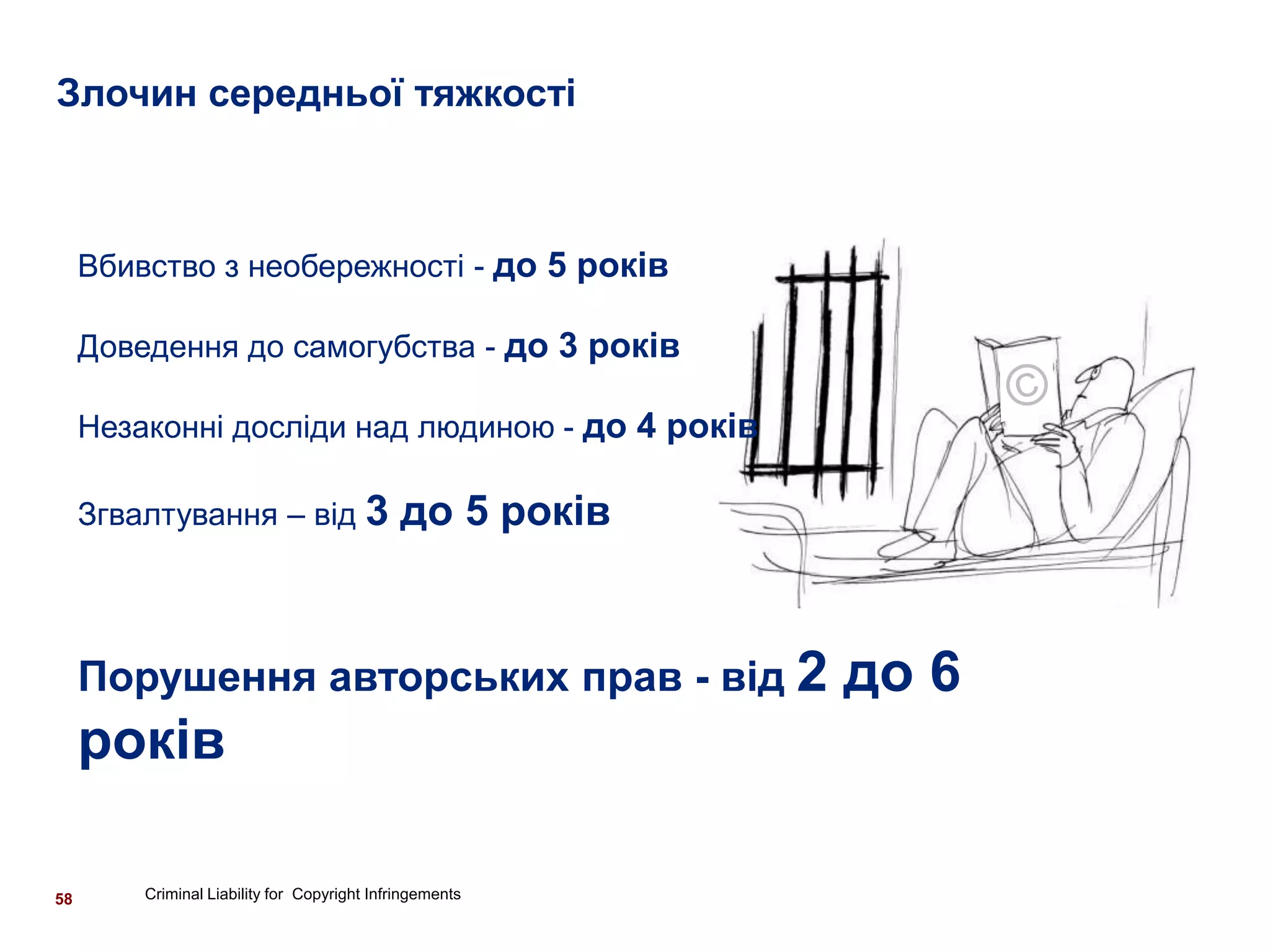 Злочин середньої тяжкості



     Вбивство з необережності - до 5 років

     Доведення до самогубства - до 3 років

     Незаконні досліди над людиною - до 4 років

     Згвалтування – від 3                     до 5 років


     Порушення авторських прав - від 2                     до 6
     років

58       Criminal Liability for Copyright Infringements
 