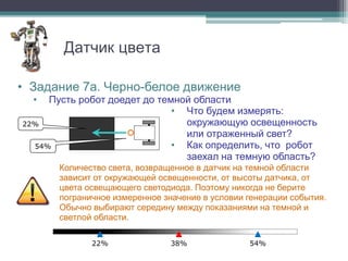 Датчик цвета

• Задание 7а. Черно-белое движение
  •  Пусть робот доедет до темной области
                              • Что будем измерять:
22%                             окружающую освещенность
                                или отраженный свет?
  54%                         • Как определить, что робот
                                заехал на темную область?
       Количество света, возвращенное в датчик на темной области
       зависит от окружающей освещенности, от высоты датчика, от
       цвета освещающего светодиода. Поэтому никогда не берите
       пограничное измеренное значение в условии генерации события.
       Обычно выбирают середину между показаниями на темной и
       светлой области.

              22%               38%              54%
 