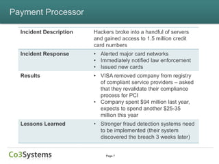 Payment Processor

  Incident Description   Hackers broke into a handful of servers
                         and gained access to 1.5 million credit
                         card numbers
  Incident Response      • Alerted major card networks
                         • Immediately notified law enforcement
                         • Issued new cards
  Results                • VISA removed company from registry
                           of compliant service providers – asked
                           that they revalidate their compliance
                           process for PCI
                         • Company spent $94 million last year,
                           expects to spend another $25-35
                           million this year
  Lessons Learned        • Stronger fraud detection systems need
                           to be implemented (their system
                           discovered the breach 3 weeks later)


                              Page 7
 