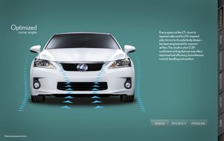 PERFORMANCE
       Optimized
               corner angles     Every aspect of the CT—from its
                                 tapered cabin and its LFA-inspired




                                                                            DESIGN
                                 side mirrors to its underbody design—
                                 has been engineered for superior
                                 airflow. The result is a low 0.29
                                 coefficient of drag that not only offers




                                                                            CUSTOMIZATION
                                 improved fuel efficiency, but enhances
                                 control, handling and comfort.




                                                                            INNOVATION
                                                                            GALLERY
                                                                            SPECS
                               DESIGN       EFFICIENCY       EMISSIONS



Optional equipment shown.
 