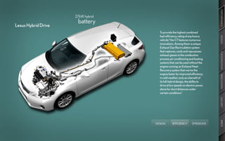 PERFORMANCE
                     27kW hybrid
                      battery
Lexus Hybrid Drive
                                     To provide the highest combined
                                     fuel-efficiency rating of any luxury




                                                                              DESIGN
                                     vehicle,3 the CT features numerous
                                     innovations. Among them: a unique
                                     Exhaust Gas Recirculation system
                                     that captures, cools and repurposes




                                                                              CUSTOMIZATION
                                     exhaust gasses in the combustion
                                     process; air conditioning and heating
                                     systems that can be used without the
                                     engine running; an Exhaust Heat-
                                     Recovery system that warms the
                                     engine faster for improved efficiency




                                                                              INNOVATION
                                     in cold weather; and, as a benefit of
                                     its full-hybrid design, the ability to
                                     drive at low speeds on electric power
                                     alone for short distances under
                                     certain conditions.1




                                                                              GALLERY
                                                                              SPECS
                                   DESIGN       EFFICIENCY       EMISSIONS
 
