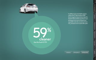 PERFORMANCE
                             In addition to its remarkable emission
                             ratings, the CT also produces 59%




                                                                          DESIGN
                             fewer smog-forming emissions than the
                             Audi A3 TDI.4 And because the CT was
                             developed with many ecological and
                             recyclable materials, it produces fewer




                                                                          CUSTOMIZATION
                             CO2 emissions over its entire life cycle.5




59                     %




                                                                          INNOVATION
        cleaner
than the Audi A3 TDI




                                                                          GALLERY
                                                                          SPECS
                           DESIGN       EFFICIENCY        EMISSIONS
 