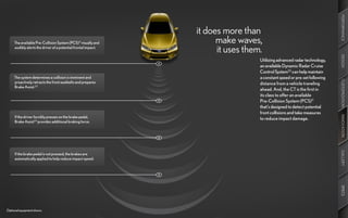 PERFORMANCE
                                                                it does more than
     The available Pre-Collision System (PCS)11 visually and          make waves,
     audibly alerts the driver of a potential frontal impact.
                                                                      it uses them.




                                                                                                                          DESIGN
                                                                                  Utilizing advanced radar technology,
                                                                                  an available Dynamic Radar Cruise
                                                                                  Control System22 can help maintain
     The system determines a collision is imminent and                            a constant speed or pre-set following




                                                                                                                          CUSTOMIZATION
     proactively retracts the front seatbelts and prepares                        distance from a vehicle traveling
     Brake Assist.23
                                                                                  ahead. And, the CT is the first in
                                                                                  its class to offer an available
                                                                                  Pre-Collision System (PCS)11
                                                                                  that’s designed to detect potential
                                                                                  front collisions and take measures




                                                                                                                          INNOVATION
     If the driver forcibly presses on the brake pedal,                           to reduce impact damage.
     Brake Assist23 provides additional braking force.




                                                                                                                          GALLERY
     If the brake pedal is not pressed, the brakes are
     automatically applied to help reduce impact speed.




                                                                                                                          SPECS
Optional equipment shown.
 