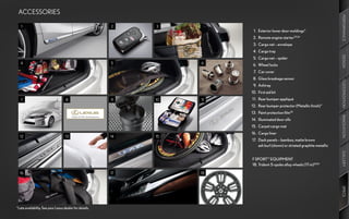 ACCESSORIES




                                                                                                                               PERFORMANCE
   1                                                     2    3
                                                                        	 1. Exterior	lower	door	moldings*
                                                                        	 2.	 Remote	engine	starter25,26
                                                                        	 3.	 Cargo	net	–	envelope	
                                                                        	 4. Cargo	tray




                                                                                                                               DESIGN
                                                                        	 5. Cargo	net	–	spider
   4                                                     5         6    	 6. Wheel	locks
                                                                        	 7. Car	cover
                                                                        	 8. Glass	breakage	sensor




                                                                                                                               CUSTOMIZATION
                                                                        	 9. Ashtray
                                                                        	 10. First	aid	kit	
   7                                8                    9    10   11   	 11. Rear	bumper	appliqué
                                                                        	 12.	 Rear	bumper	protector	(Metallic	finish)*	
                                                                        	 13. Paint	protection	film35




                                                                                                                               INNOVATION
                                                                        	 14. Illuminated	door	sills
                                                                        	 15.		 Carpet	cargo	mat		
                                                                        	 16.	 Cargo	liner	
  12                                13                   14   15
                                                                        	 17. Dash	panels	–	bamboo,	matte	brown		
                                                                              ash	burl	(shown)	or	striated	graphite	metallic




                                                                                                                               GALLERY
                                                                        	 		
                                                                        				F SPORT™	EQUIPMENT	
                                                                               	
                                                                        	 18. 	Trident-5-spoke	alloy	wheels	(17-in)8,9,10

  16                                                     17        18




                                                                                                                               SPECS
*Late	availability.	See	your	Lexus	dealer	for	details.
 