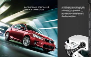 PERFORMANCE
                            performance-engineered   REAR DOUBLE-WISHBONE SUSPENSION
                            to evade stereotypes.    For greater agility, the CT features a MacPherson
                                                     strut suspension in the front and a fully
                                                     independent double-wishbone suspension in the
                                                     rear. Handling is further enhanced by the use of
                                                     lightweight materials, optimized weld points and




                                                                                                         DESIGN
                                                     extensive bracing throughout.




                                                                                                         CUSTOMIZATION
                                                                                                         INNOVATION
                                                                                                         GALLERY
                                                                                                         SPECS
Optional equipment shown.
 