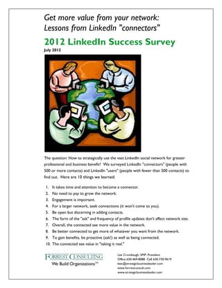 Get more value from your network:
Lessons from LinkedIn "connectors"
2012 LinkedIn Success Survey
July 2012




The question: How to strategically use the vast LinkedIn social network for greater
professional and business benefit? We surveyed LinkedIn "connectors" (people with
500 or more contacts) and LinkedIn "users" (people with fewer than 500 contacts) to
find out. Here are 10 things we learned:

1. It takes time and attention to become a connector.
2. No need to pay to grow the network.
3. Engagement is important.
4. For a larger network, seek connections (it won't come to you).
5. Be open but discerning in adding contacts.
6. The form of the "ask" and frequency of profile updates don't affect network size.
7. Overall, the connected see more value in the network.
8. Be better connected to get more of whatever you want from the network.
9. To gain benefits, be proactive (ask!) as well as being connected.
10. The connected see value in "taking it real."

                                           Lee Crumbaugh, SMP, President
                                           Office 630-469-8088 Cell 630-730-9619
                                           leec@strategicbusinessleader.com
                                           www.forrestconsult.com
                                           www,strategicbusinessleader.com
 