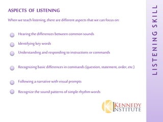 LISTENINGSKILL
ASPECTS OF LISTENING
When we teach listening, there are different aspects that we can focus on:
Hearing the differences between common sounds
Identifying key words
Understanding and responding to instructions or commands
Recognizing basic differences in commands (question, statement, order, etc.)
Following a narrative with visual prompts
Recognize the sound patterns of simple rhythm words
 