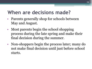 19



When are decisions made?
• Parents generally shop for schools between
  May and August.
• Most parents begin the school shopping
  process during the late spring and make their
  final decision during the summer.
• Non-shoppers begin the process later; many do
  not make final decision until just before school
  starts.
 