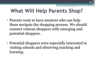 36



  What Will Help Parents Shop?
• Parents want to have mentors who can help
  them navigate the shopping process. We ...