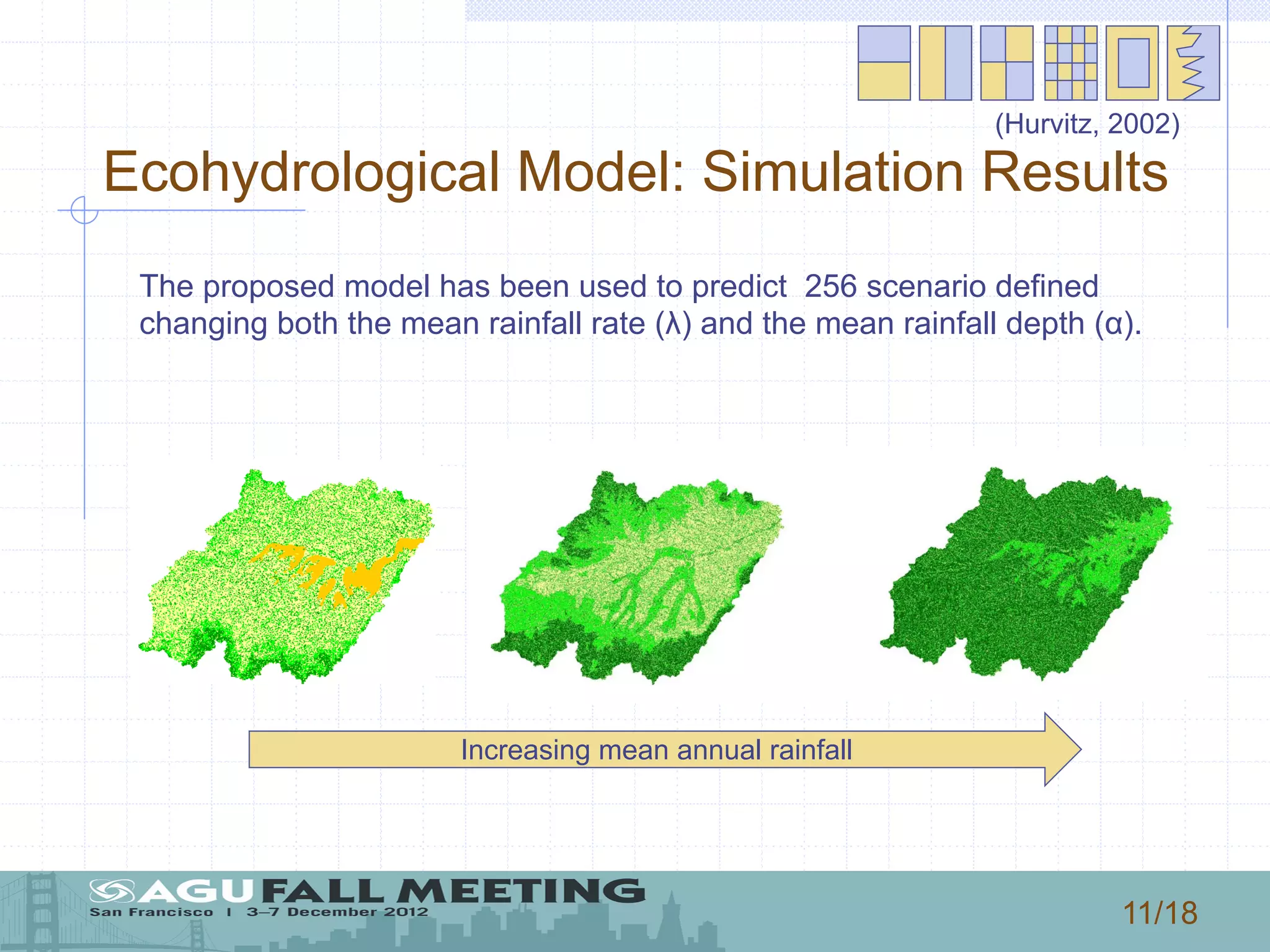 11/18
Ecohydrological Model: Simulation Results
200 400 600 800 1000 1200
100
200
300
400
500
600
700
800
900
1000
(Hurvitz, 2002)
The proposed model has been used to predict 256 scenario defined
changing both the mean rainfall rate (λ) and the mean rainfall depth (α).
Increasing mean annual rainfall
 