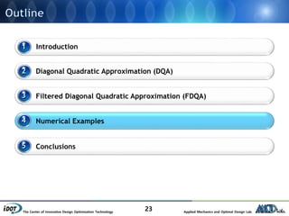The Center of Innovative Design Optimization Technology Applied Mechanics and Optimal Design Lab.
23
1
2
4
Introduction
Diagonal Quadratic Approximation (DQA)
Numerical Examples
5 Conclusions
3 Filtered Diagonal Quadratic Approximation (FDQA)
 