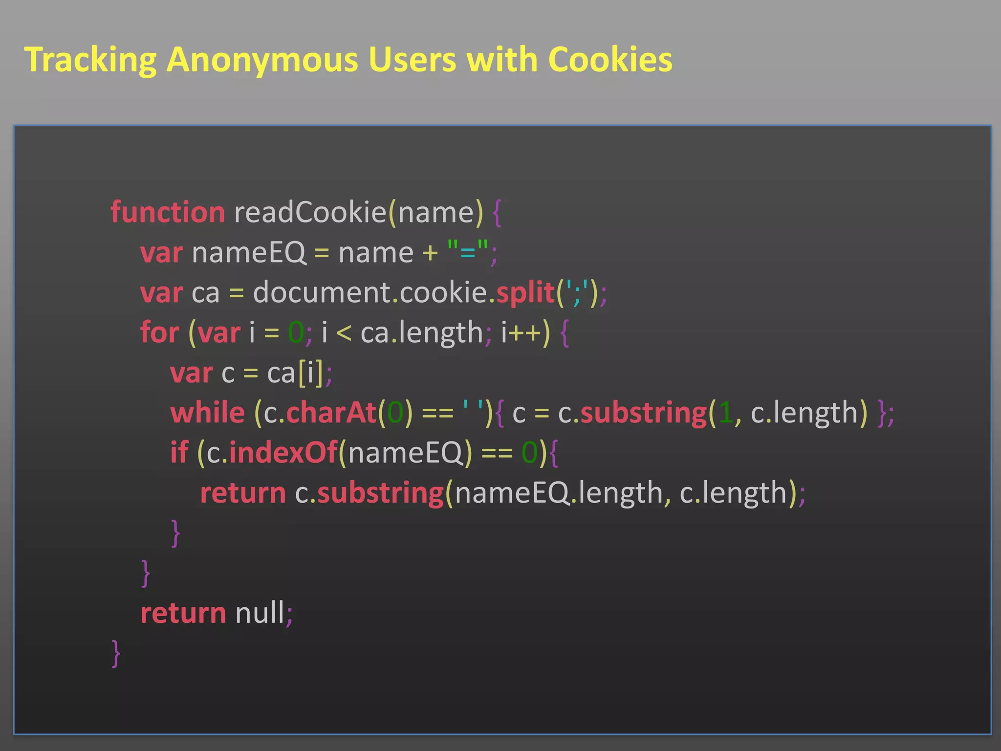 Tracking Anonymous Users with Cookies


    function readCookie(name) {
      var nameEQ = name + "=";
      var ca = document.cookie.split(';');
      for (var i = 0; i < ca.length; i++) {
        var c = ca[i];
        while (c.charAt(0) == ' '){ c = c.substring(1, c.length) };
        if (c.indexOf(nameEQ) == 0){
           return c.substring(nameEQ.length, c.length);
        }
      }
      return null;
    }
 