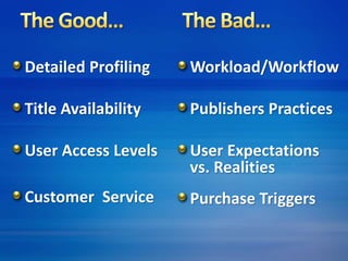 Detailed Profiling 
Title Availability 
User Access Levels 
Customer Service 
Workload/Workflow 
Publishers Practices 
User Expectations 
vs. Realities 
Purchase Triggers 
 