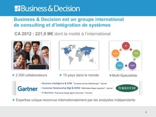 Business & Decision est un groupe international
de consulting et d’intégration de systèmes
CA 2012 : 221,9 M€ dont la moitié à l’international
3
2 500 collaborateurs 15 pays dans le monde Multi-Specialiste
BI
PM
CRMEIM
E-bus
Expertise unique reconnue internationalement par les analystes indépendants
• Business Intelligence & EPM “European Service Marketscope.” Gartner
• Customer Relationship Mgt & MDM “CRM Global Magic Quadrant”. Gartner
• E-Business “Interactive Design Agency Overview”. Forrester
 