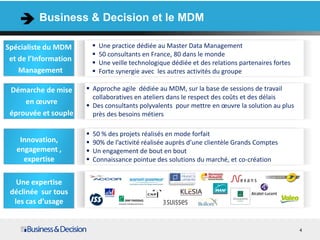 Business & Decision et le MDM
 Une practice dédiée au Master Data Management
 50 consultants en France, 80 dans le monde
 Une veille technologique dédiée et des relations partenaires fortes
 Forte synergie avec les autres activités du groupe
 Approche agile dédiée au MDM, sur la base de sessions de travail
collaboratives en ateliers dans le respect des coûts et des délais
 Des consultants polyvalents pour mettre en œuvre la solution au plus
près des besoins métiers
 50 % des projets réalisés en mode forfait
 90% de l’activité réalisée auprès d’une clientèle Grands Comptes
 Un engagement de bout en bout
 Connaissance pointue des solutions du marché, et co-création
Spécialiste du MDM
et de l’Information
Management
Démarche de mise
en œuvre
éprouvée et souple
Innovation,
engagement ,
expertise
Une expertise
déclinée sur tous
les cas d’usage
4
 