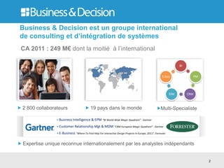 Business & Decision est un groupe international
de consulting et d’intégration de systèmes
CA 2011 : 249 M€ dont la moitié à l’international
2
2 800 collaborateurs 19 pays dans le monde Multi-Specialiste
BI
PM
CRMEIM
E-bus
Expertise unique reconnue internationalement par les analystes indépendants
• Business Intelligence & EPM “BI World-Wide Magic Quadrant”. Gartner
• Customer Relationship Mgt & MDM “CRM European Magic Quadrant”. Gartner
• E-Business “Where To Find Help For Interactive Design Projects In Europe, 2011”. Forrester
 