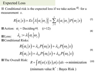 Expected Loss
■ Conditional risk is the expected loss if we take action for a
measurement x.
■Action: = Deciding (i=12)
■Loss:
■Conditional Risks:
■The Overall Risk:
        
2
1
:i i j i j j
j
R x Ex P x       

  
i
i i
 :ij i j   
     
     
1 11 1 12 2
2 21 1 22 2
R x P x P x
R x P x P x
    
    
 
 
    
*
minimization
(minmum value R : Bayes Risk )
R R x x p x dx 
(7)
(8)
(9)
(10)
 