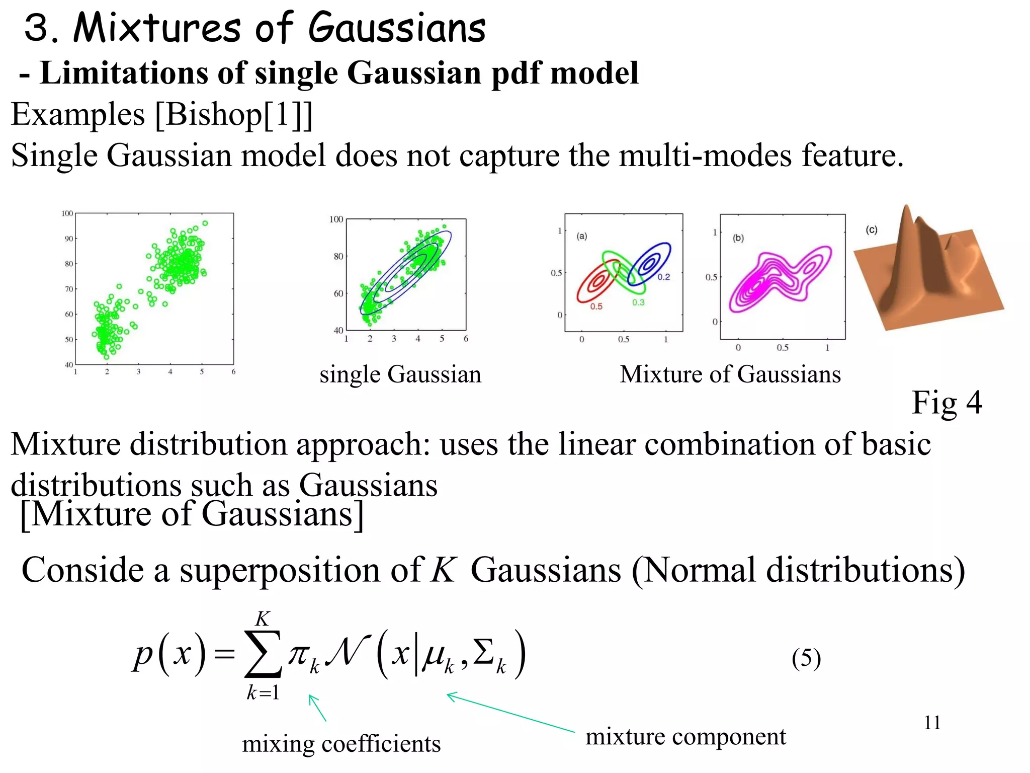 11
   
1
[Mixture of Gaussians]
Conside a superposition of Gaussians (Normal distributions)
,
K
k k k
k
K
p x x 

 
３. Mixtures of Gaussians
- Limitations of single Gaussian pdf model
Examples [Bishop[1]]
Single Gaussian model does not capture the multi-modes feature.
Fig 4
Mixture distribution approach: uses the linear combination of basic
distributions such as Gaussians
mixing coefficients mixture component
(5)
single Gaussian Mixture of Gaussians
 