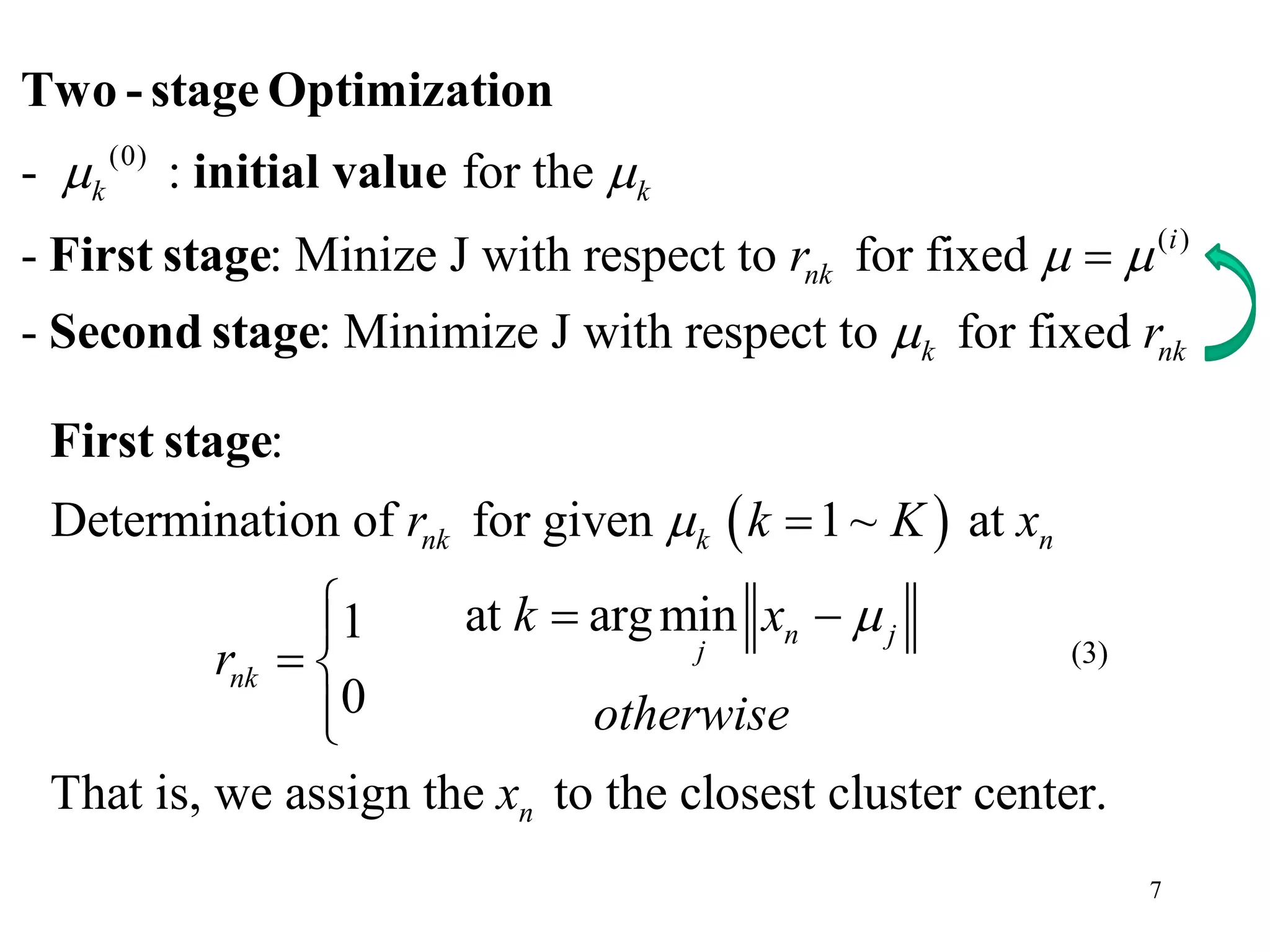 7
(0)
( )
- : for the
- : Minize J with respect to for fixed
- : Minimize J with respect to for fixed
k k
i
nk
k nk
r
r
 
 


Two - stage Optimization
initial value
First stage
Second stage
 
:
Determination of for given 1~ at
at argmin1
0
That is, we assign the to the closest cluster center.
nk k n
n j
j
nk
n
r k K x
k x
r
otherwise
x



  
 

First stage
(3)
 