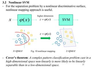 21
3.2 Nonlinear SVM
- For the separation problem by a nonlinear discriminative surface,
nonlinear mapping approach is useful.
- Cover’s theorem: A complex pattern classification problem cast in a
high-dimensional space non-linearly is more likely to be linearly
separable than in a low-dimensional space.
x ( )x ( )z x SVM
higher dimension
Fig. 10 nonlinear mapping
( )z x
x-space z-space
 