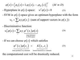 22
       
   
 
   
0 1
0
1, , , ( )
- Hyperplane in -space: 0
- SVM in -space gives an optimum hyperplane with the form
(sum of support vectors in )
- Discriminat
T
M
T
i i i i
i
x x x x M D
x w x
x
w t x x
   
 

  
    

 
     
 
     
0
inner product
in M-d space
inner product in -domain kernel function in -domain
ive function:
- If we can choose which satisfies
,
the co
T T
i i i
i
T
i j i j
x
w x t x x
x
x x K x x

   

 



mputational cost will be drastically reduced.
(23)
(24)
(25)
 