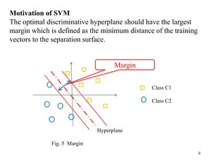 9
Motivation of SVM
The optimal discriminative hyperplane should have the largest
margin which is defined as the minimum distance of the training
vectors to the separation surface.
Class C1
Class C2
Margin
Fig. 5 Margin
Hyperplane
 