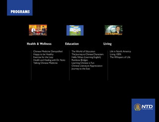 PROGRAMS




      Health & Wellness                       Education                               Living

           Chinese Medicine Demystified           The World of Education                  Life in North America
           Happy to be Healthy                    The Journey to Chinese Characters       Living 100%
           Exercise for the Lazy                  Hello Nihao (Learning English)          The Whispers of Life
           Health and Healing with Dr. Noto       Rainbow Bridges
           Talking Chinese Medicine               Learning Chinese is Fun
                                                  Chinese Literature Appreciation
                                                  Journey to the East
 