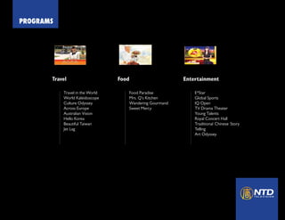 PROGRAMS




       Travel                    Food                    Entertainment

           Travel in the World      Food Paradise            E*Star
           World Kaleidoscope       Mrs. Q’s Kitchen         Global Sports
           Culture Odyssey	         Wandering Gourmand       IQ Open
           Across Europe            Sweet Mercy              TV Drama Theater
           Australian Vision                                 Young Talents
           Hello Korea                                       Royal Concert Hall
           Beautiful Taiwan                                  Traditional Chinese Story
           Jet Lag                                           Telling
                                                             Art Odyssey
 