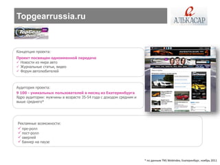 Topgearrussia.ru


Концепция проекта:
Проект посвящен одноименной передаче
 Новости из мира авто
 Журнальные статьи, видео
 Форум автолюбителей



Аудитория проекта:
9 100 - уникальных пользователей в месяц из Екатеринбурга
Ядро аудитории: мужчины в возрасте 35-54 года с доходом средним и
выше среднего*




Рекламные возможности:
 пре-ролл
 пост-ролл
 оверлей
 баннер на паузе


                                                                    * по данным TNS WebIndex, Екатеринбург, ноябрь 2011
 