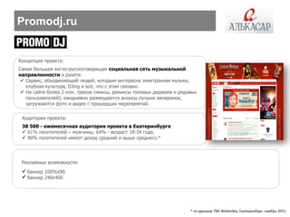 Promodj.ru


Концепция проекта:
Самая большая англо-русскоговорящая социальная сеть музыкальной
направленности в рунете.
  Сервис, объединяющий людей, которым интересна электронная музыка,
   клубная культура, DJing и всѐ, что с этим связано.
  На сайте более 2 млн. треков (миксы, ремиксы топовых диджеев и рядовых
   пользователей), ежедневно размещаются анонсы лучших вечеринок,
   загружаются фото и видео с прошедших мероприятий.

 Аудитория проекта:
 38 500 - ежемесячная аудитория проекта в Екатеринбурге
  61% посетителей – мужчины, 64% - возраст 18-34 года.
  90% посетителей имеют доход средний и выше среднего.*




 Рекламные возможности:
  баннер 100%х90
  баннер 240х400




                                                                      * по данным TNS WebIndex, Екатеринбург, ноябрь 2011
 