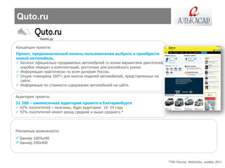 Quto.ru


Концепция проекта:
Проект, предназначенный помочь пользователям выбрать и приобрести
новый автомобиль.
 Каталог официально продаваемых автомобилей со всеми вариантами двигателей,
  коробок передач и комплектаций, доступных для российского рынка.
 Информация практически по всем дилерам России.
 Опция «панорама 360°» для многих моделей автомобилей, представленных на
  сайте.
 Информация по стоимости содержания автомобилей на сайте.


Аудитория проекта:
21 200 – ежемесячная аудитория проекта в Екатеринбурге
 65% посетителей – мужчины, Ядро аудитории: 18- 54 года
 93% посетителей имеют доход средний и выше среднего.*




Рекламные возможности:
 баннер 100%х90
 баннер 240х400



                                                                               *TNS Россия, WebIndex, ноябрь 2011
 