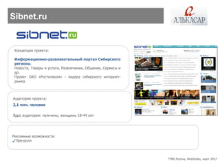 Sibnet.ru


 Концепция проекта:

 Информационно-развлекательный портал Сибирского
 региона.
 Новости, Товары и услуги, Развлечения, Общение, Сервисы и
 др.
 Проект ОАО «Ростелеком» - лидера сибирского интернет-
 рынка.



Аудитория проекта:
2,1 млн. человек

Ядро аудитории: мужчины, женщины 18-44 лет




Рекламные возможности:
✓Пре-ролл


                                                             *TNS Россия, WebIndex, март 2012
 