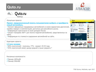 Quto.ru


Концепция проекта:
Проект, предназначенный помочь пользователям выбрать и приобрести
новый автомобиль.
Каталог официально продаваемых автомобилей со всеми вариантами двигателей,
коробок передач и комплектаций, доступных для российского рынка.
Информация практически по всем дилерам России.
Опция «панорама 360°» для многих моделей автомобилей, представленных на
сайте.
Информация по стоимости содержания автомобилей на сайте.


Аудитория проекта:
1.3 млн человек
60% посетителей – мужчины, 77% - возраст 25-54 года.
93% посетителей имеют доход средний и выше среднего.*




Рекламные возможности:
баннер 100%х90
баннер 240х400



                                                                              *TNS Россия, WebIndex, март 2012
 